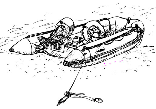 Moored single-engine inflatable boat with gear inside. Line ink drawing.