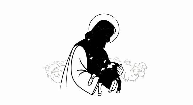 Figure with halo cradles a lamb; sheep gather behind him