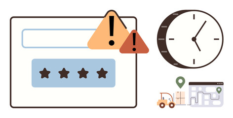 Cybersecurity, time management, navigation, logistics, system alerts, data protection. Warning signs over login field, a clock and a map with navigation markers. Cybersecurity and system alert