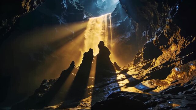 Golden Waterfall Silhouette in a Mysterious Cave Setting