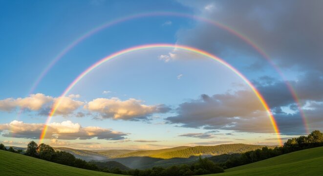 a double rainbow in the sky over a green field with trees beautiful scenery cloudy sky colorful weat