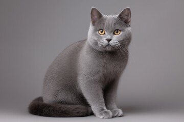 Minimalist studio photography of a British Shorthair cat sitting calmly on a neutral background with soft diffused lighting emphasizing plush fur texture
