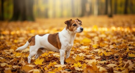 A brown and white dog standing on a bed of fallen autumn leaves in a forest with trees in the backgr