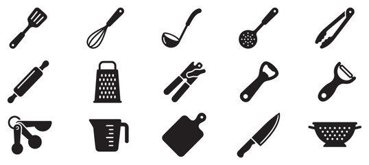 Obraz premium Various kitchen utensils and cooking tools collection presented as a set of black silhouette icons for culinary design.