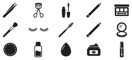Makeup and beauty icons collection featuring essential cosmetic tools and products for daily routine and personal care.