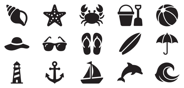 Summer beach icons set featuring various vacation and ocean elements, perfect for travel, holiday, and marine-themed graphic designs.