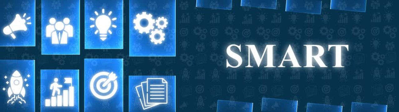 SMART goals concept with glowing icons and business strategy symbols on a blue background SMART