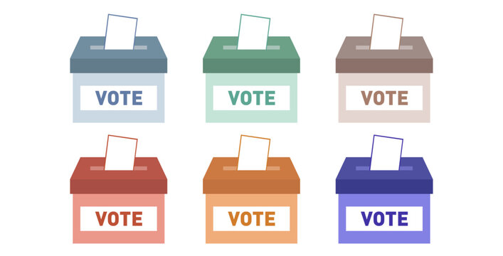 Set of colorful ballot boxes for election voting with paper slips, flat design vector illustration of polling station containers in different colors.