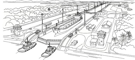 Fototapeta premium Large cargo ship transits canal locks with tugboat assistance and surrounding buildings