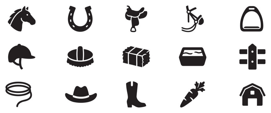 Horse riding equestrian farm life related icons collection depicting various elements of stable care and cowboy culture in a simple silhouette style.