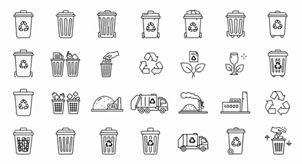 A collection of environmental icons depicting recycling bins and waste management symbols