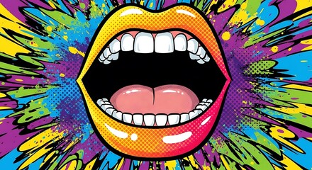 Bold pop art mouth with open expression and colorful explosion