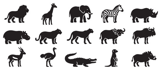 Fototapeta premium African wild animals vector silhouettes collection featuring various safari creatures and jungle mammals in a graphic style.