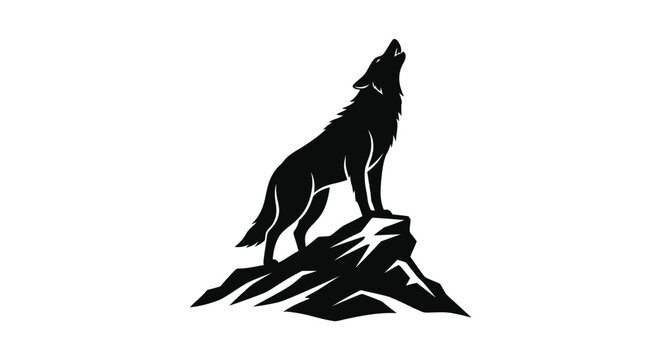 A black silhouette of a wolf standing on a rocky outcrop and howling at the moon in a powerful pose with a white background