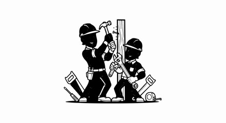 Cartoon illustration of two construction workers with tools and a wooden post