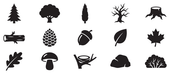Nature and forest elements collection featuring various trees, leaves, and other natural objects as black silhouettes.