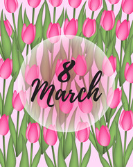 Illustration of a greeting card for Women's Day with tulips on a white and pink background.