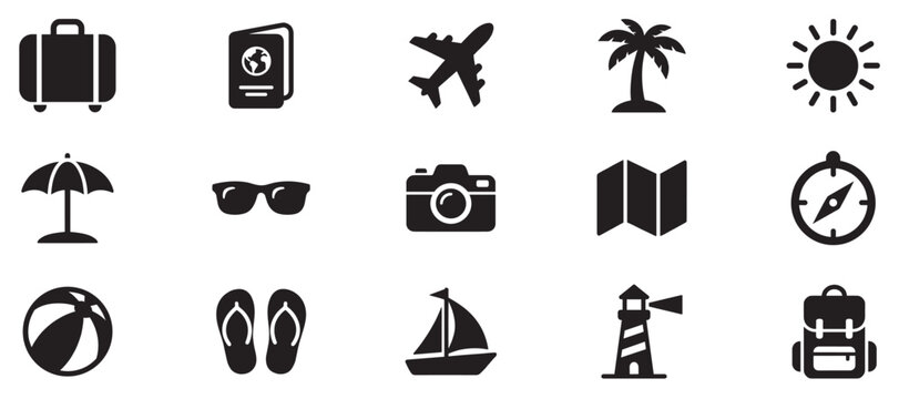 Collection of travel and vacation icons representing various elements of tourism, holidays, and summer adventures.