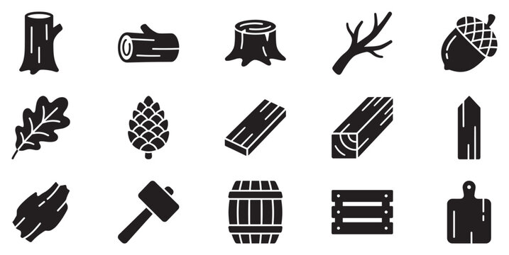 Wood and forestry related icons set in a clean, minimalist black silhouette style, representing various natural and processed timber elements.