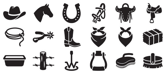 Naklejka premium Cowboy western icons and ranch life elements are displayed in a comprehensive collection of black silhouettes.