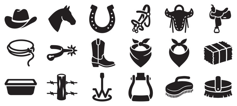 Cowboy western icons and ranch life elements are displayed in a comprehensive collection of black silhouettes.