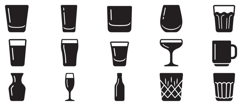 Drinking glasses and beverage containers collection featuring various types of drinkware in a minimalist icon style.