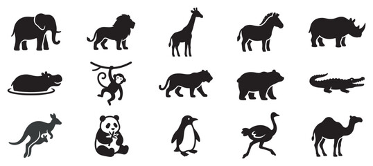 Fototapeta premium Various wild animal silhouettes collection for design projects, featuring iconic creatures from around the globe.