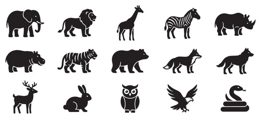 Fototapeta premium Animal icons collection featuring various wildlife silhouettes and symbols for modern graphic design projects and educational materials.