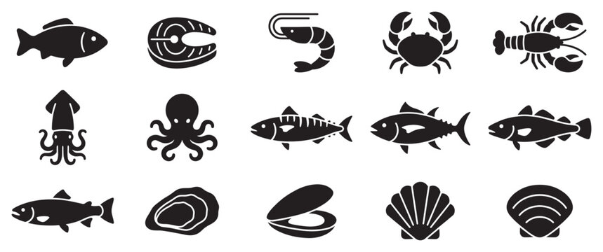 Various fish and seafood icons representing marine animals and shellfish commonly found in ocean waters and culinary dishes.