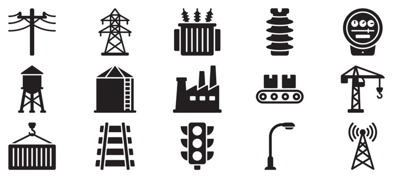 Infrastructure and industrial icons representing essential services and systems crucial for modern urban and rural development.