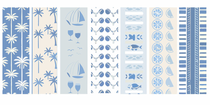Coastal themed pattern swatches featuring tropical and nautical elements