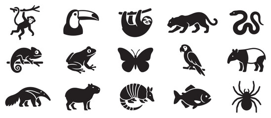 Fototapeta premium Tropical jungle animals and rainforest wildlife creatures are depicted in a collection of simple black silhouette icons.