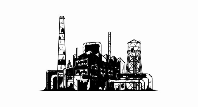 A stark black and white illustration of a decaying industrial complex with broken windows and pipes