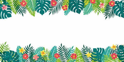 Naklejka premium A vibrant tropical foliage border with monstera and hibiscus flowers