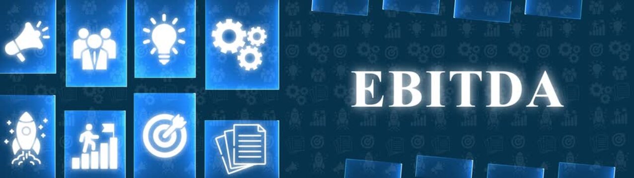 EBITDA financial metric concept with glowing icons and dark blue background pattern EBITDA earnings before interest taxes depreciation amortization