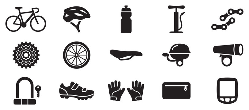 Cycling equipment and accessories vector icons collection representing various items for bicycle maintenance and safety.