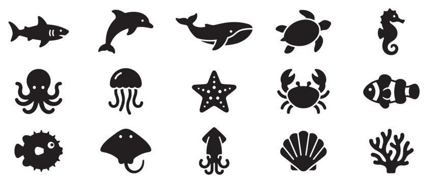 Sea animals and marine life icons set featuring various creatures in a simple silhouette style for ocean themes.