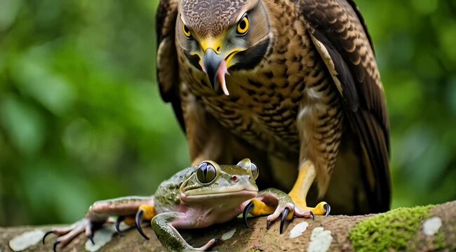 Wild Hawk Predator Confronting a Green Frog on a Mossy Rock in Forest