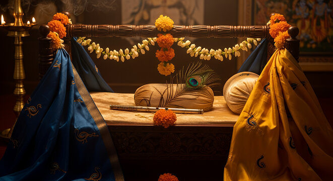 Ornate Symbolic Baby Cradle with Soft Fabric Decorations, Celebrating Lord Krishna's Birth on Janmashtami and Krishna Ashtami Festival