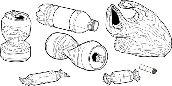 Crushed cans, a plastic bottle, a bag, candies, and a cigarette butt