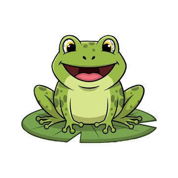 A cartoon green frog sitting on leaf.