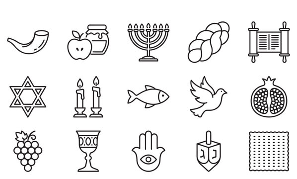Jewish symbols and traditions are depicted in a comprehensive collection of line art icons representing various cultural and religious elements.