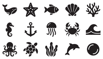 Obraz premium Sea animals and ocean elements icons collection representing marine life and nautical themes in a simple graphic style.