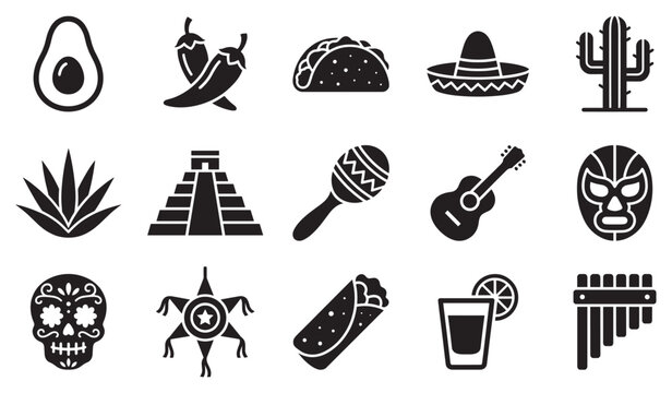 Mexican culture symbols and traditional food icons representing various aspects of heritage and cuisine in a simple graphic style.