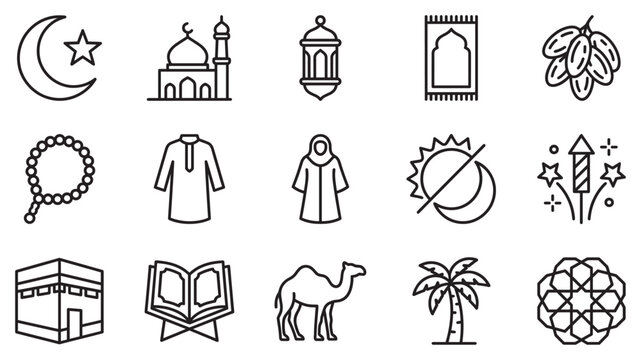 Islamic icons set featuring religious symbols, cultural elements, and traditional items for Ramadan, Eid, and other Islamic celebrations.