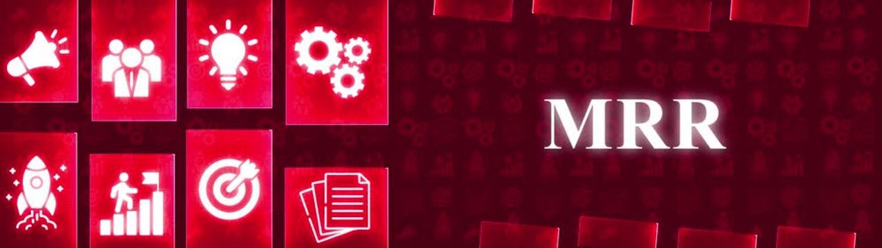 Red Gradient Background with Business Icons and MR Text recurring revenue subscription