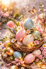 Obraz premium Elegant Easter Nest with Pastel Eggs, Spring Flowers and Golden Details in Soft Morning Light