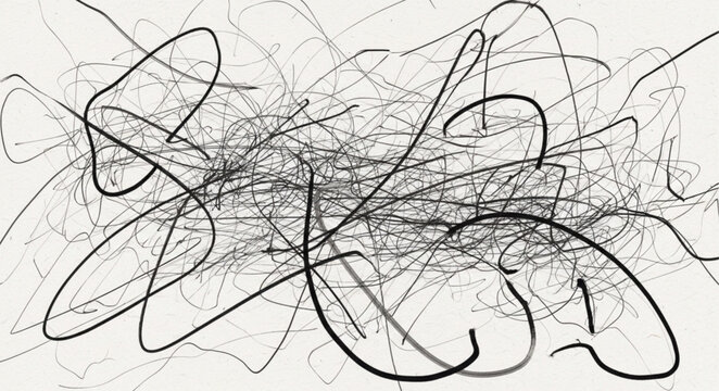Abstract scribbled lines and chaotic patterns on white background.