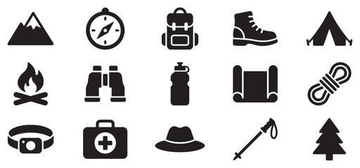 Camping hiking outdoor adventure travel equipment vector symbols depict essential gear for wilderness exploration and nature activities.