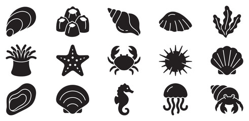 Sea creatures and marine life icons collection featuring various ocean animals and shells in a simple silhouette style.